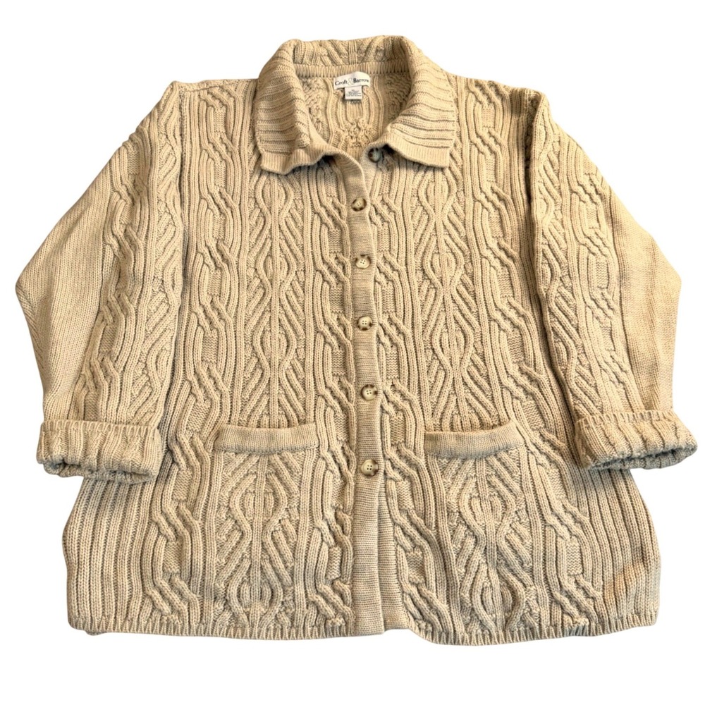 Croft Barrow Wool Blend Cardigan Women XL Cable Knit Beige Button Front Vintage